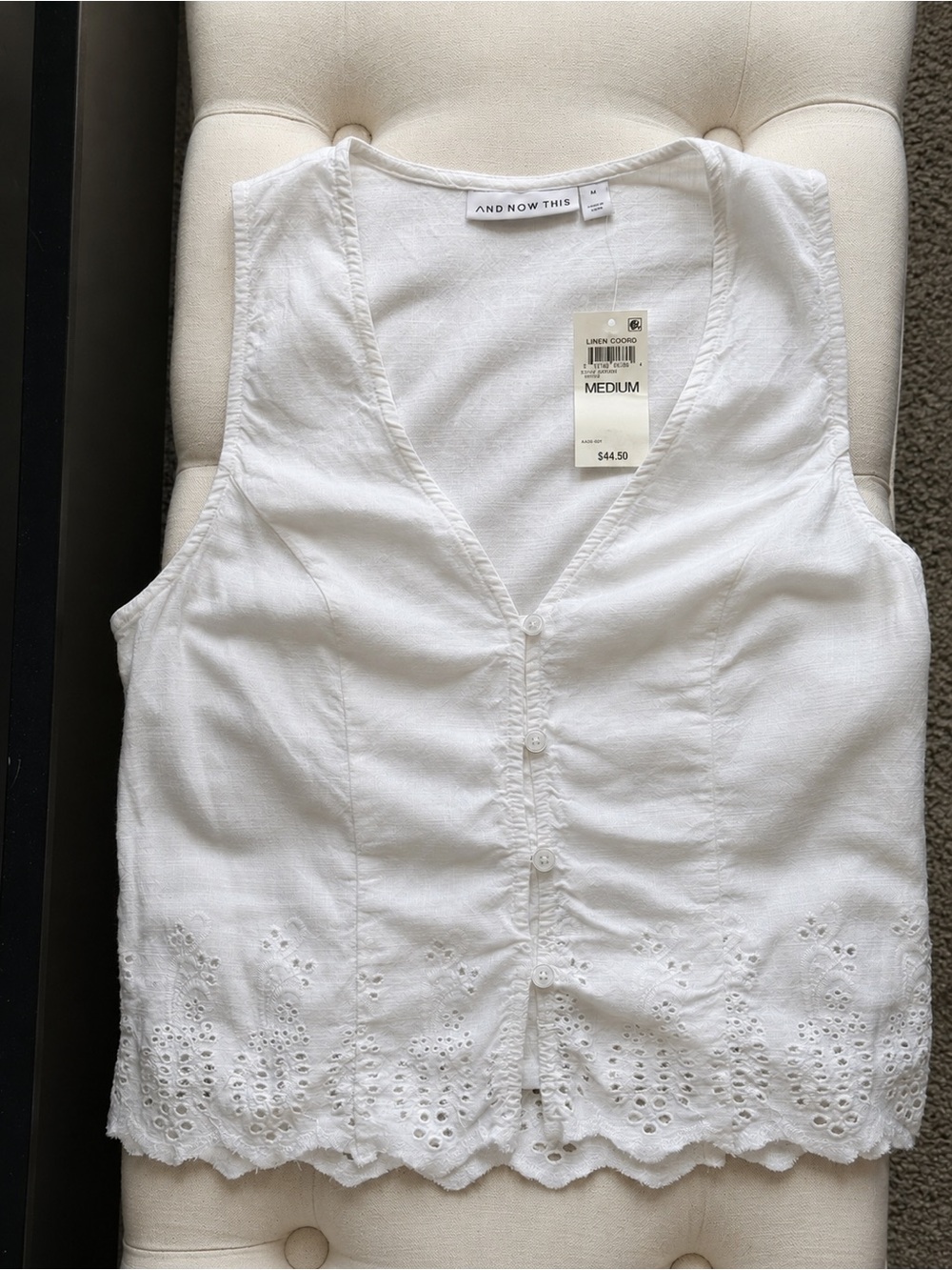 NWT And Now This White Linen Blend Eyelet Button Front Vest Tank Top